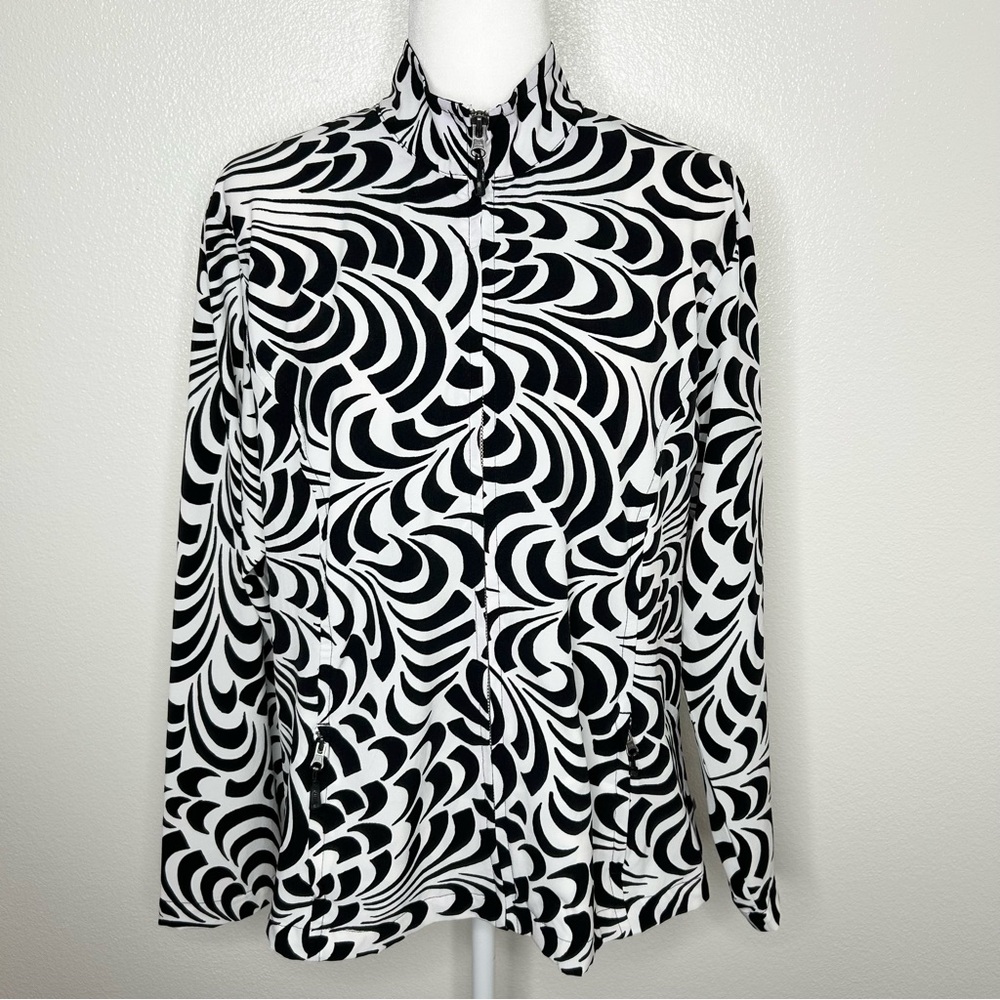 Zenergy by Chicos Womens Black White Printed Lightweight Zip Up Jacket Size 2/ L